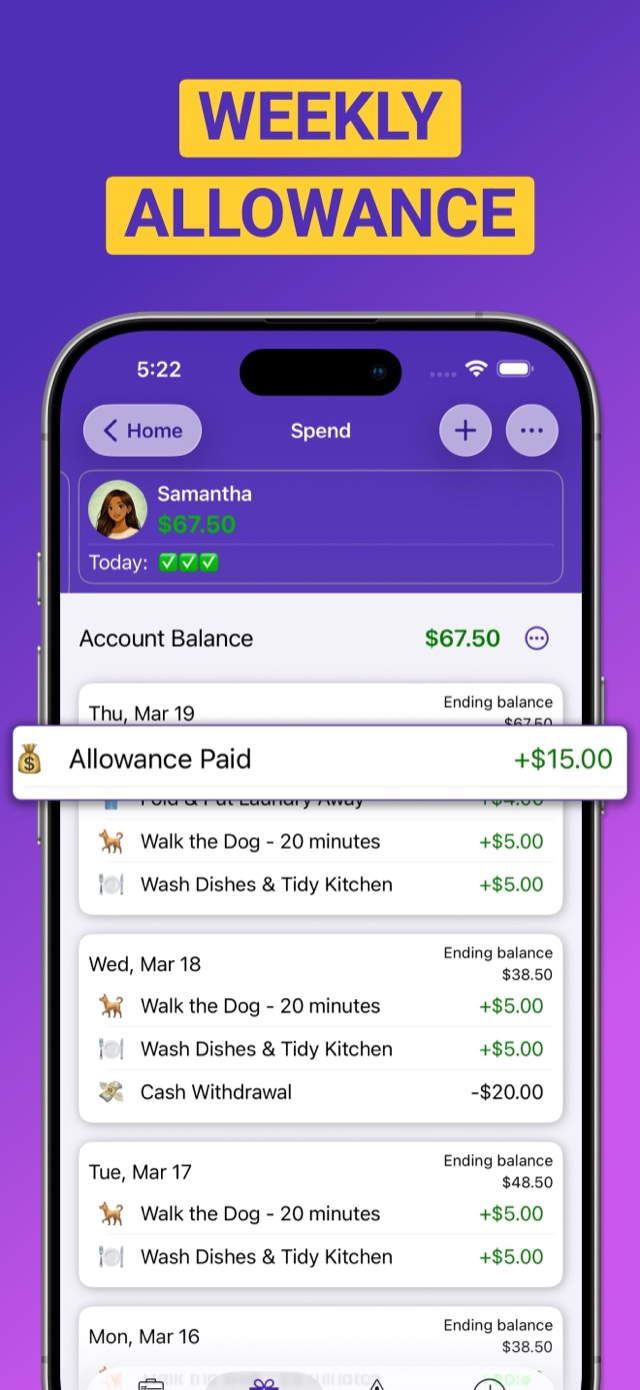 Weekly allowance with a running account balance and earnings history