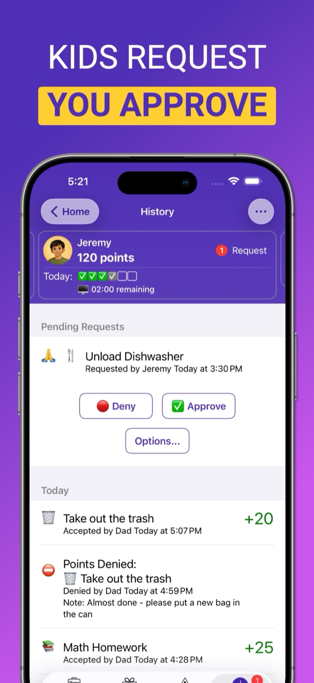Kids request, you approve: parent reviews point requests with full history