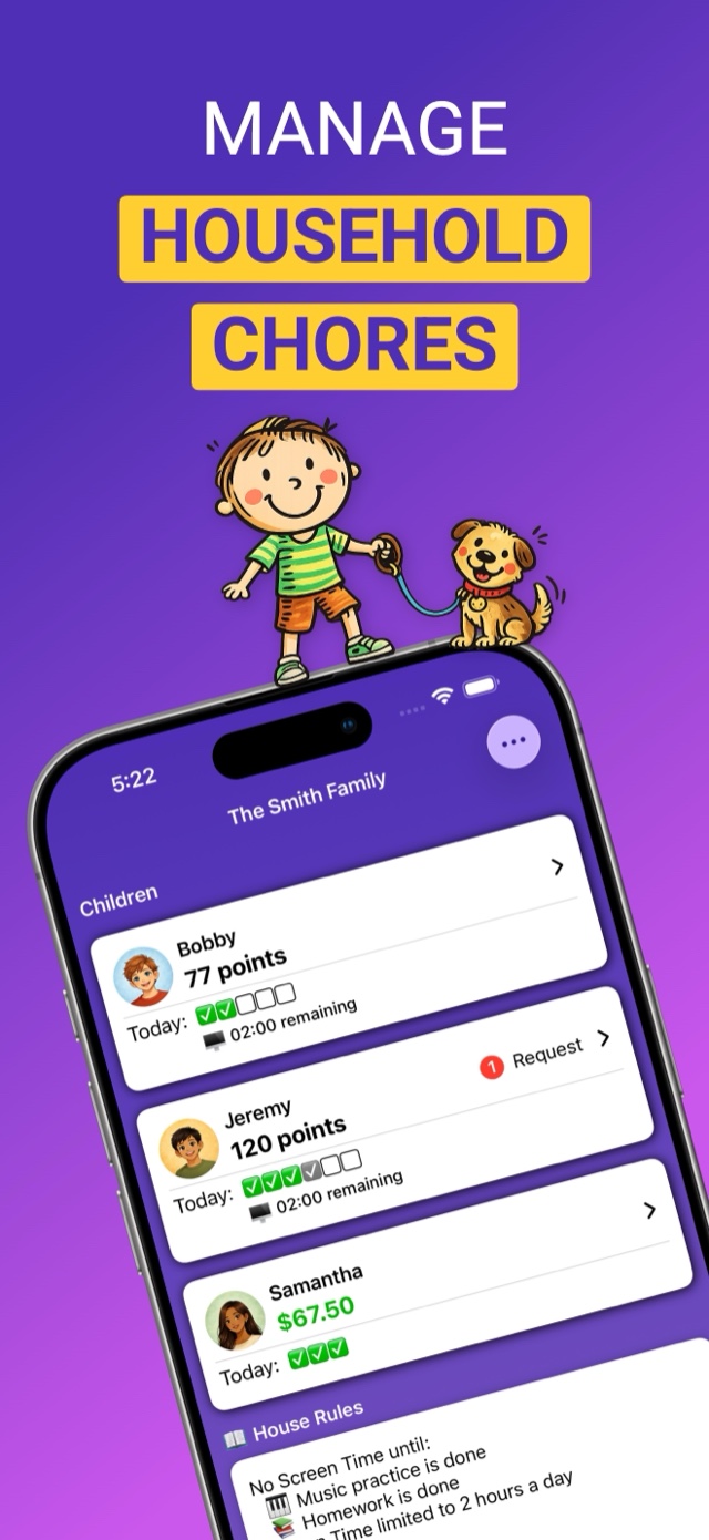 Manage household chores: family home screen showing each child's points, cash balance, and daily progress
